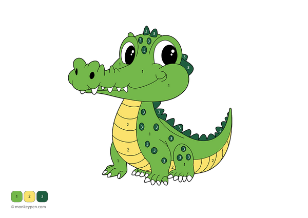 Free downloadable color-by-number worksheet featuring a Garial with a long snout and scaly body in a river scene—kids can follow numbered sections to build number skills while learning about this unique crocodilian species.