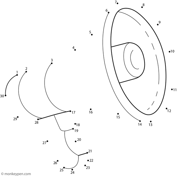 Children’s worksheet featuring dots that, when connected, form a cartoon megaphone to color and decorate