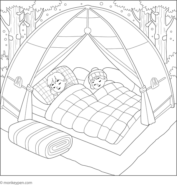 Printable Kids Sleeping Inside the Tent Coloring Page