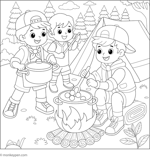 Printable Kids Cooking in the Camp Coloring Page