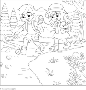 Printable Children Spotting Animal Track Coloring Page