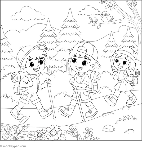 Printable Children Going Hiking Coloring Page