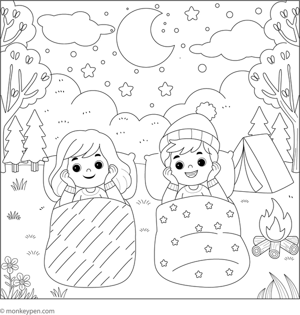 Printable Kids Sleeping Under Stars in Camping Coloring Page