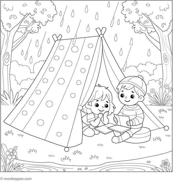 Printable Rainy Day in the Camp Coloring Page