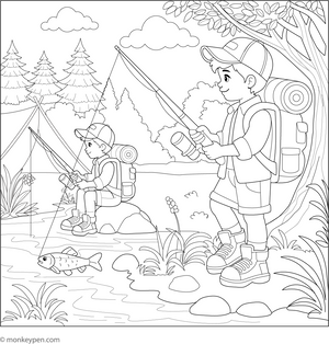 Free Printable Kids Fishing in the Camping Coloring Page