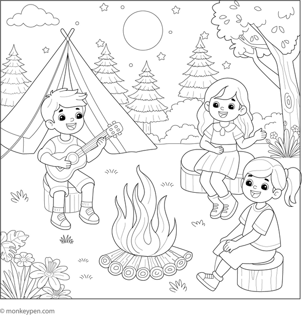 Free Printable Children Enjoying the Campfire Coloring Page