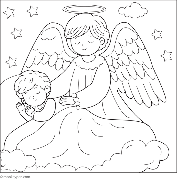 Free Printable Guardian Angel Watching Over a Child Coloring Page