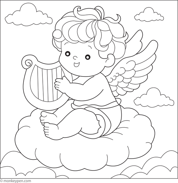 Free Printable Little Cherub with a Harp Coloring Page