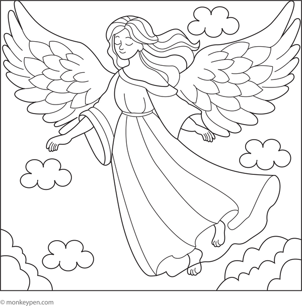 Free Printable Flying Angel with Feathery Wings Coloring Page