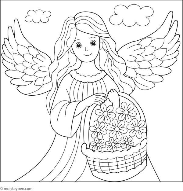 Printable Angel with a Basket of Flowers Coloring Page