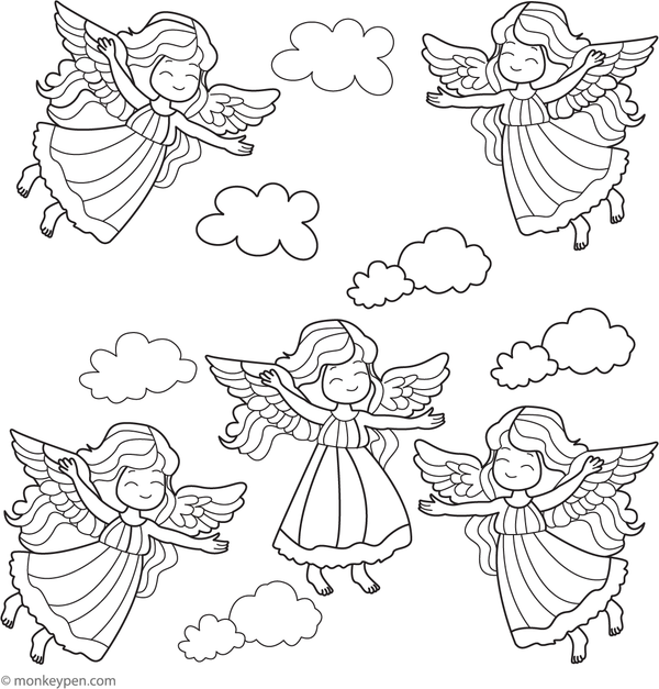 Printable Angels Dancing Among the Clouds Coloring Page