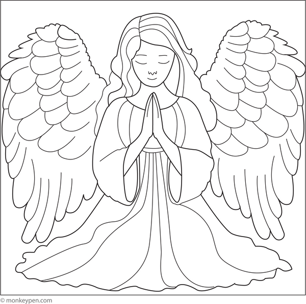 Free Printable An Angel Praying with Hands Together Coloring Page