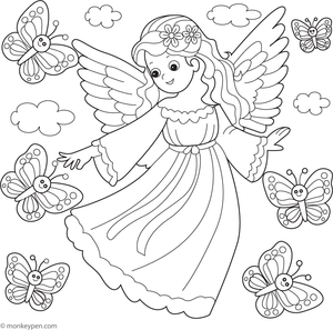 Printable Angel Playing with Butterflies Coloring Page