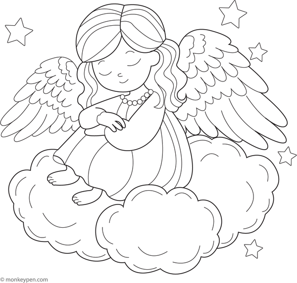Printable Angel Resting on a Soft Cloud Coloring Page
