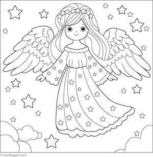 Free Printable Angel with Twinkling Stars Coloring Page