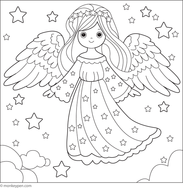 Free Printable Angel with Twinkling Stars Coloring Page