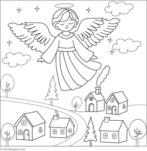 Free Printable Little Angel in the Village Coloring Page