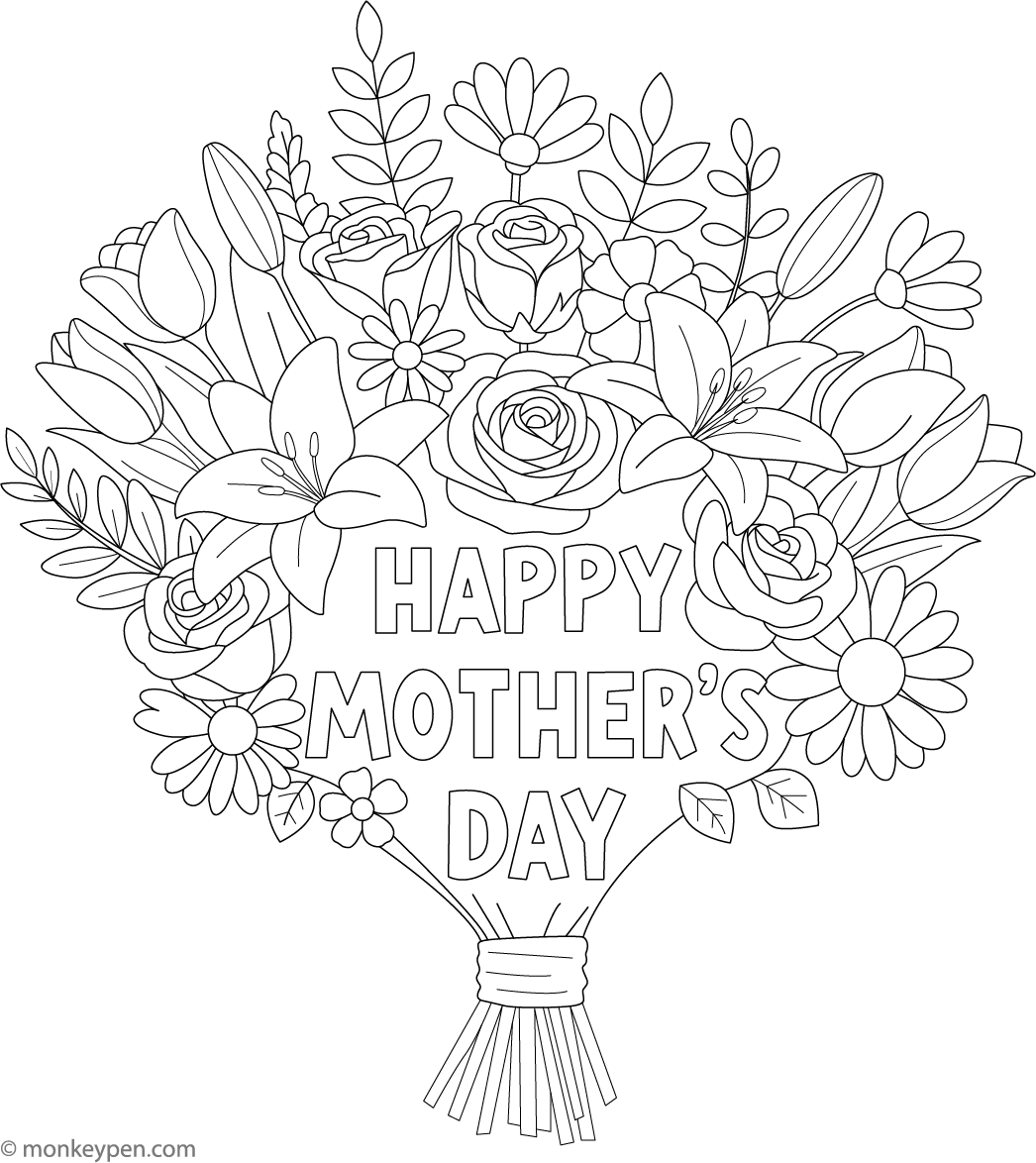 Bouquet of flowers with “Happy Mother’s Day Free Coloring Page