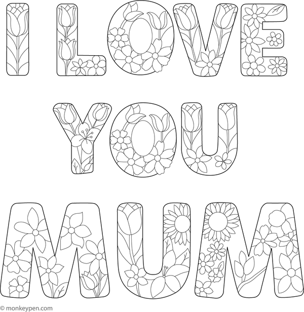 Printable I Love Mum Card Coloring Page