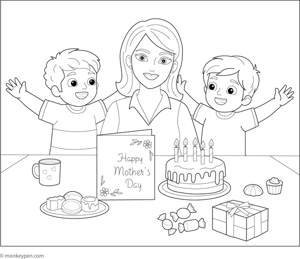 prinable Happy Mother's Day party Scene Coloring Sheet for Kids
