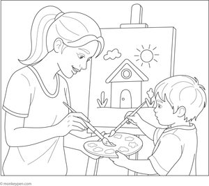 Printable  Mother and Child Painting Together Coloring Image for Kids