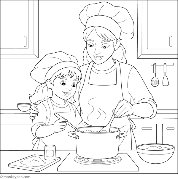 Printable Mum and Child Cooking Together Coloring Sheet for Kids