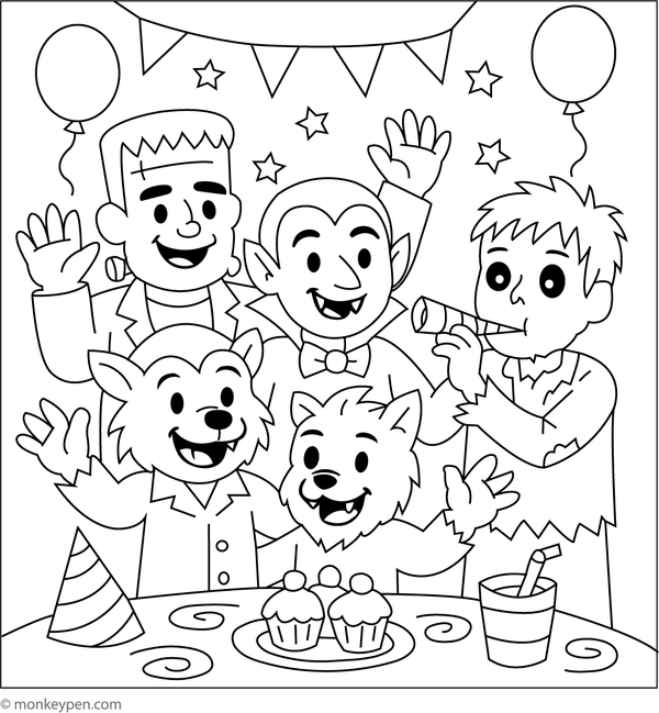 Prntable Monster Friends Party Coloring Image for Kids