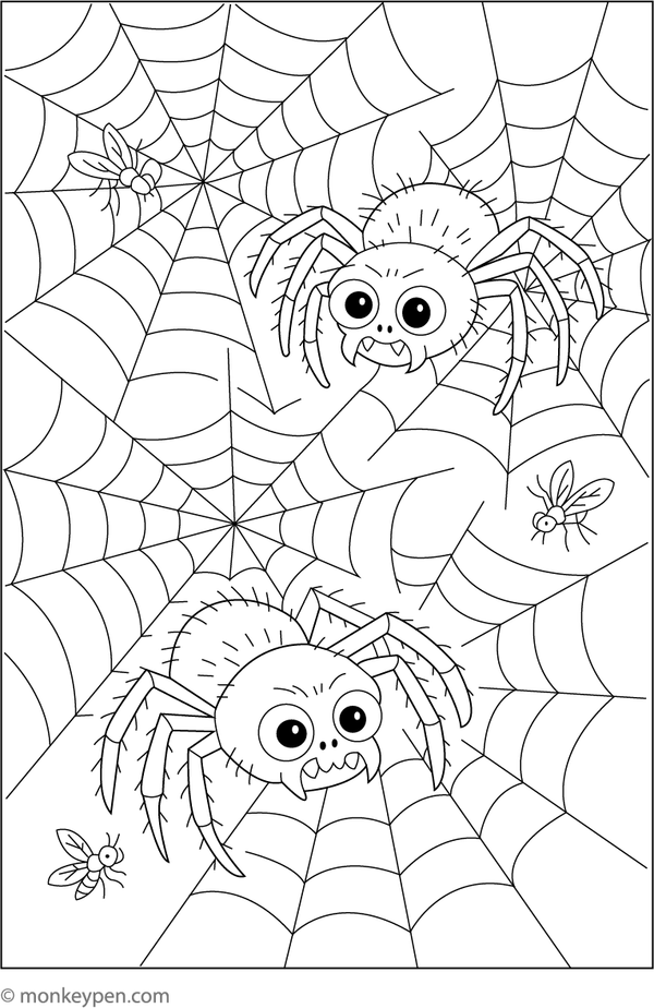 Printable Creepy-Cute Spiders with Webs Coloring Page