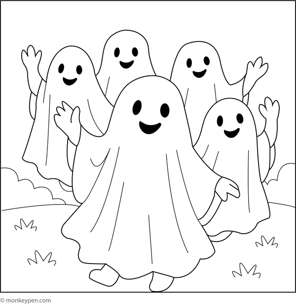 Printable Kids in a Ghost Costume Coloring Image
