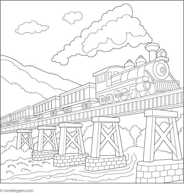 Printable Classic Steam Train Crossing a Bridge Coloring Page