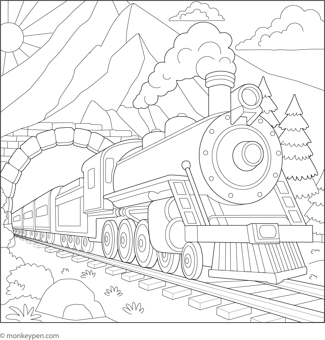 Train Going Through a Mountain Tunnel Free Coloring Page