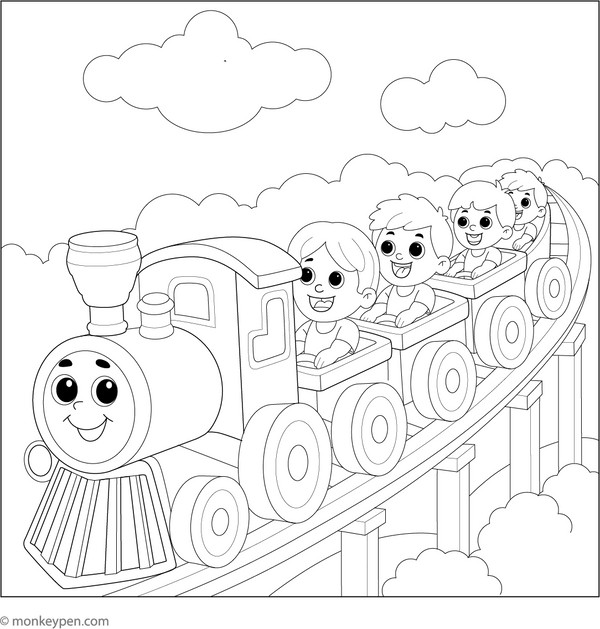 Printable Roller Coaster Train Colouring Picture