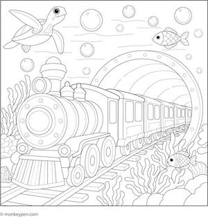 Printable Underwater Train in a Glass Tunnel Colouring Sheet for Kids