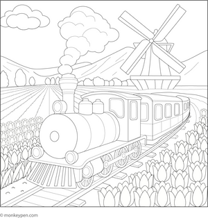 Printable Train Passing Tulip Fields Colouring Image