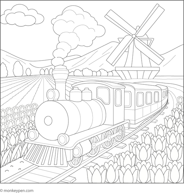 Printable Train Passing Tulip Fields Colouring Image
