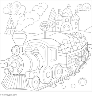Printable Train in a Fantasy Candy Land Colouring Pictue