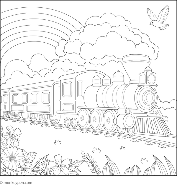 Printable Train on Magical Track Colouring Image