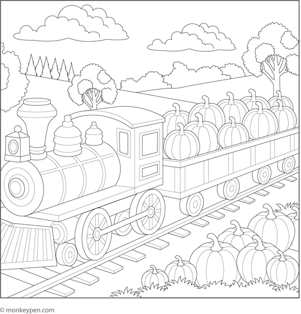 Printable Train Full of Pumpkins for Autumn Colouring Picture