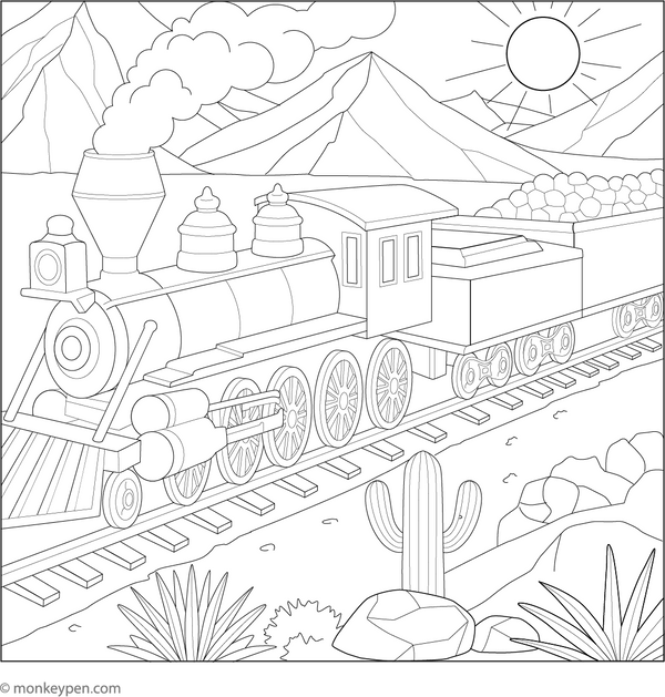 Printable   Western Train with a Coal Wagon Colouring Page