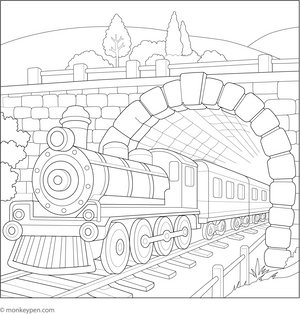 Printable Train Passing Tunnel Colouring Picture