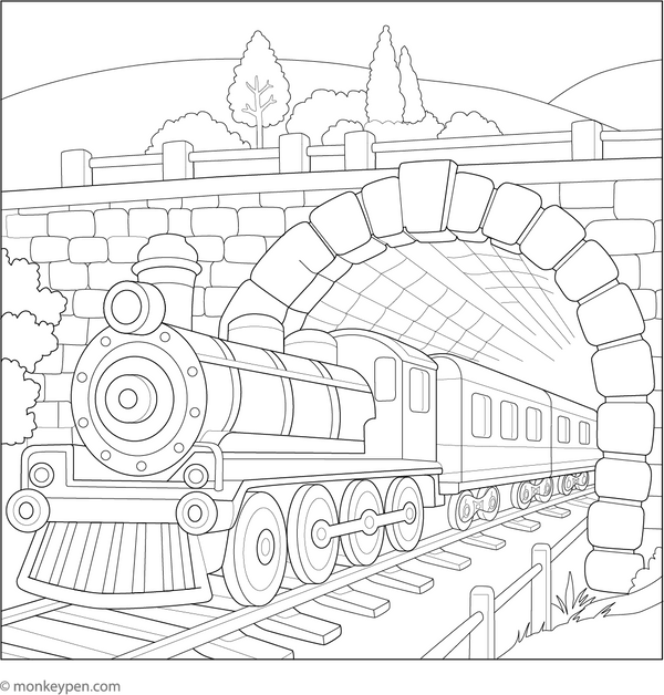 Printable Train Passing Tunnel Colouring Picture