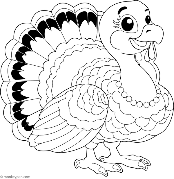 Turkey bird standing proudly in a grassy field, ready to be coloured.