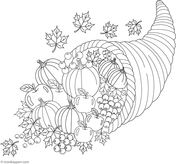 A cornucopia overflowing with pumpkins, fruits, and vegetables.