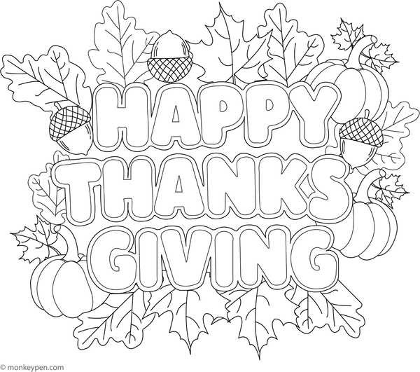 The words “Happy Thanksgiving” surrounded by autumn leaves.