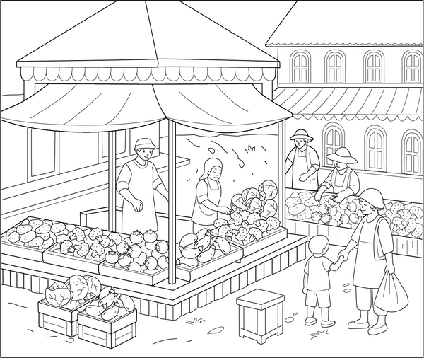 Market coloring page – fun and educational printable for children