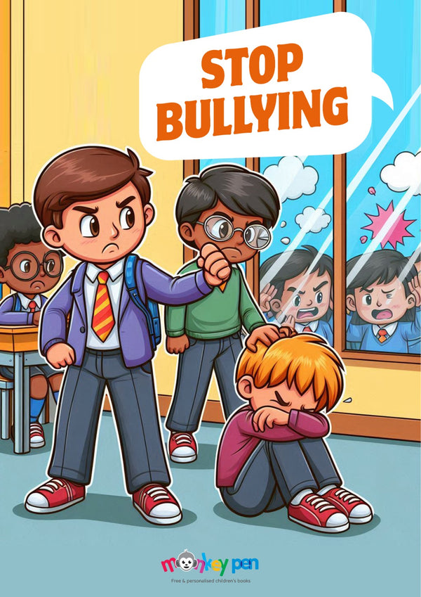 Illustration of students in a classroom standing up to a bully, with a bold “Stop Bullying” headline.