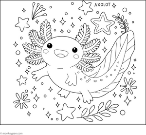 Axolotl with Magical Stars Coloring Page – fun and educational printable for children