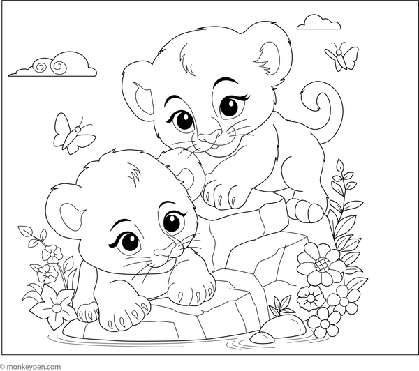 Lion Cubs Playing Coloring Page