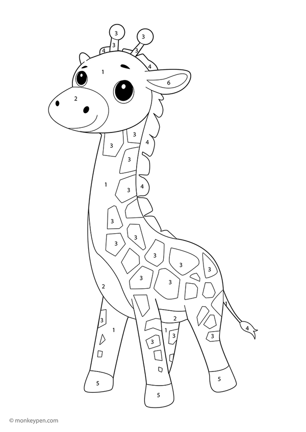 Free downloadable color-by-number worksheet featuring a giraffe with numbered sections on its neck, spots, and gentle face—perfect for kids to practice number recognition while enjoying animal-themed coloring fun.