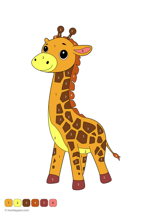 Free downloadable color-by-number worksheet featuring a giraffe with numbered sections on its neck, spots, and gentle face—perfect for kids to practice number recognition while enjoying animal-themed coloring fun.